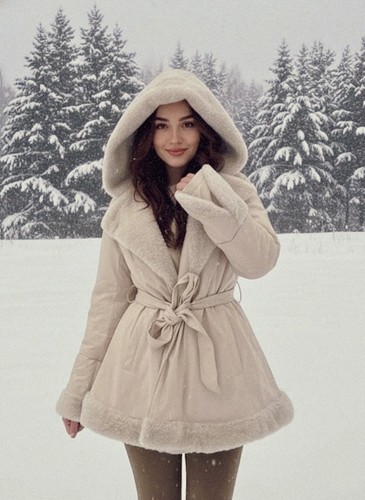 Beige felljacke mit gürtel - beige,